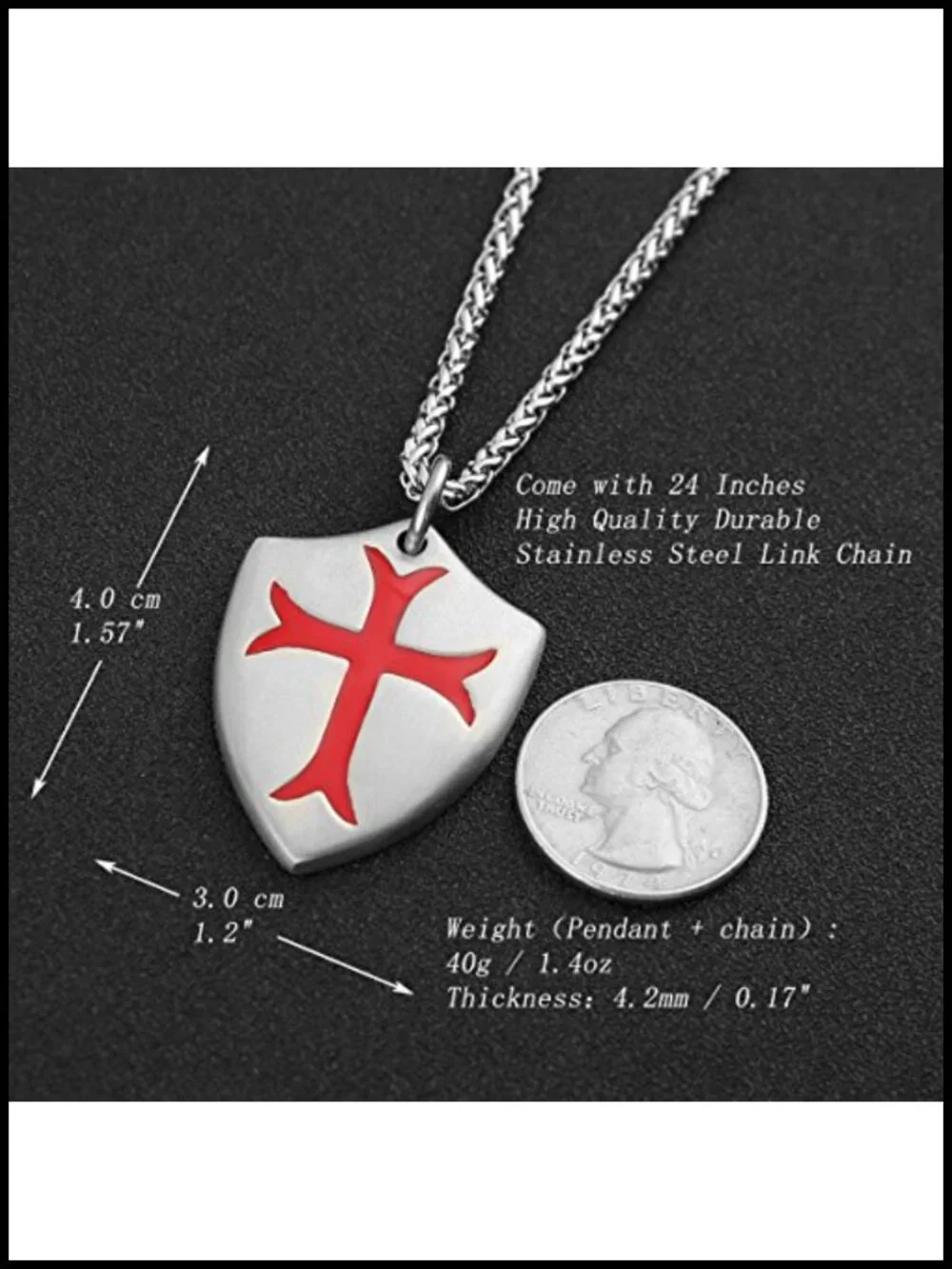 Stainless Steel Knights Templar Cross Necklace Joshua 1:9 Shield Pendant 24